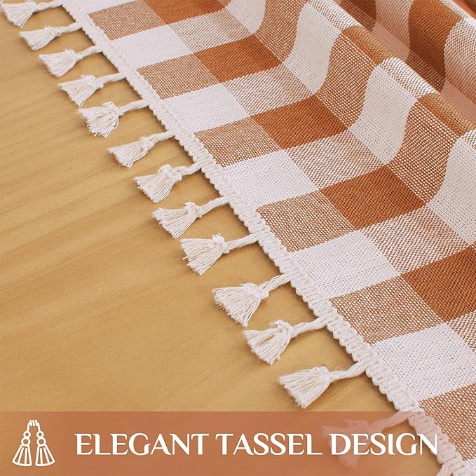 Softalker Fall Checkered Tablecloth Square, Heavy Weight Linen Cotton Gingham Thanksgiving Orange Table Cloth with Tassel, Wrinkle Free Buffalo Plaid Table Cover for Dining Party- 55 x 55 Inch
