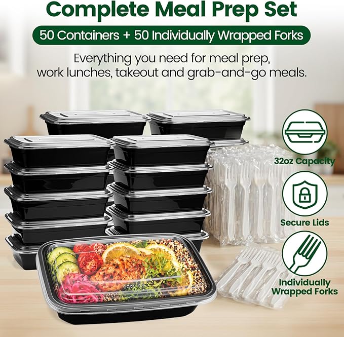 Meal Prep Containers with Lids 32oz-50 Pack & 50 Forks Individually Wrapped, Disposable Food Storage Containers BPA Free, Leak-Resistant, Microwave & Freezer Safe for Salad,Lunch,Take out,Togo Box