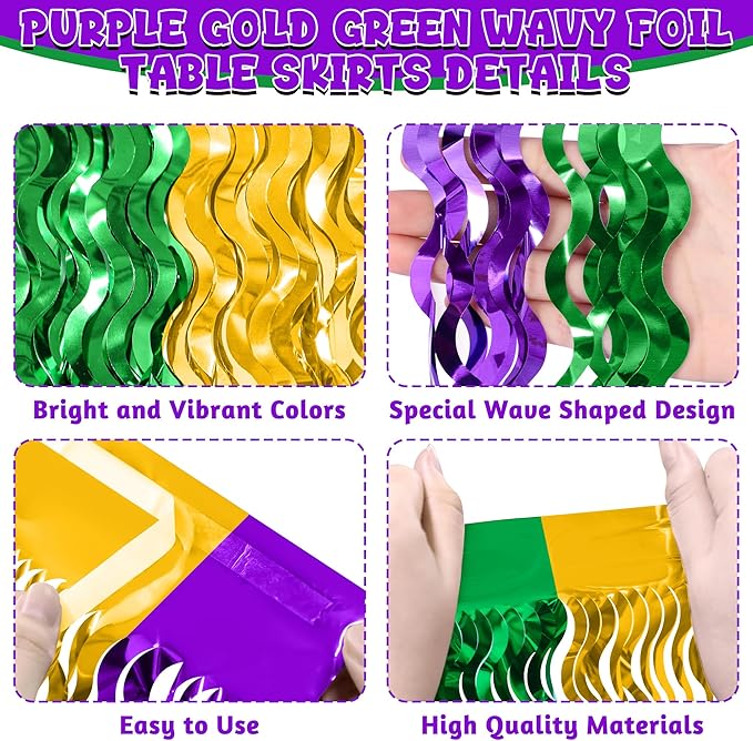 2 Pack Mardi Gras Decorations, 29.5 × 108 Inches Green Purple Gold Fringe Mardi Gras Table Skirt, Metallic Wavy Tinsel Foil Grass Table Skirt for Carnival Party Parade Decor