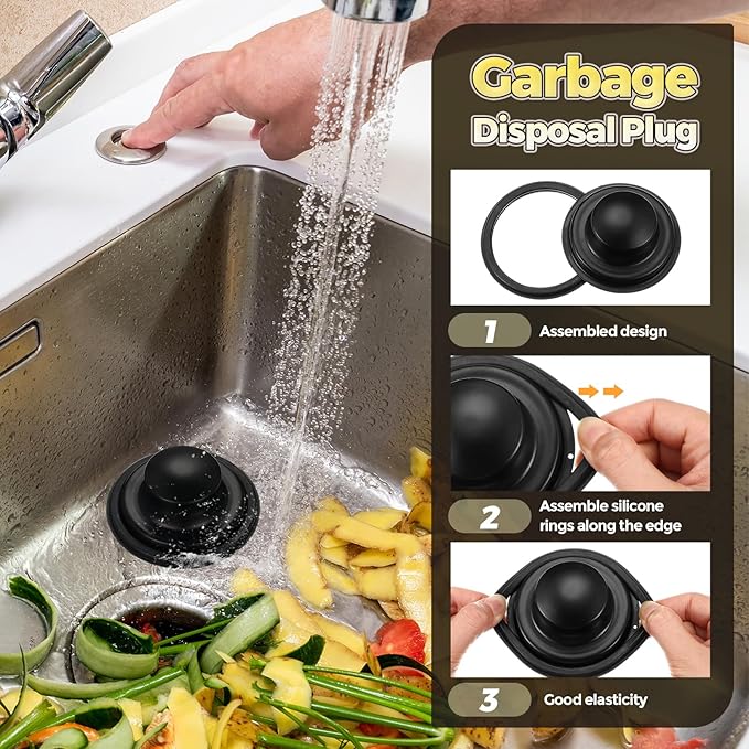 4 Pcs Matte Black Kitchen Sink Accessories Garbage Disposal Splash Guards 3.4'' Sink Drain Strainer and Stopper Stainless Steel Garbage Disposal Plug for Kitchen Drain Strainer