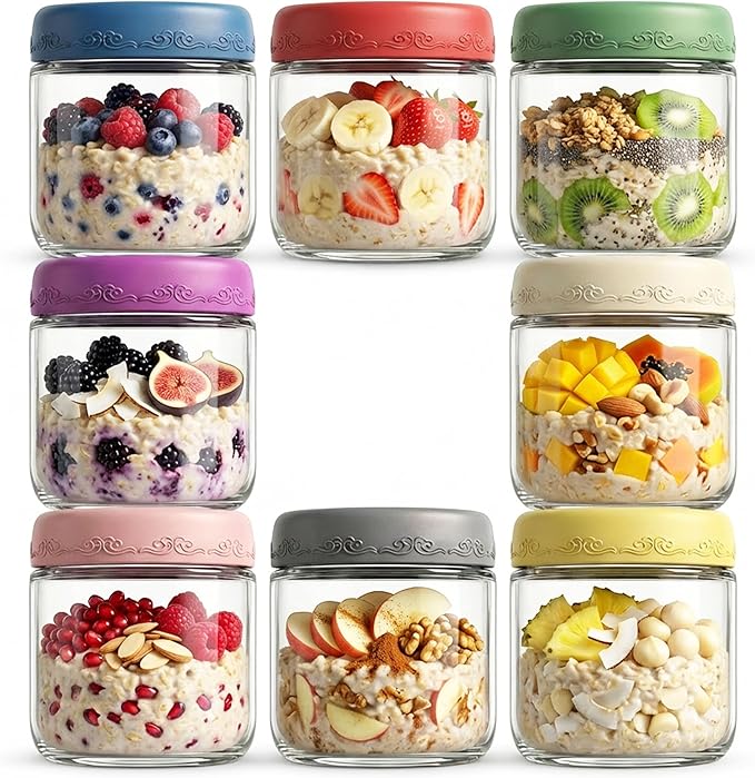 10oz 8Pack Glass Overnight Oats Jars Containers with Airtight Leakproof Lids, Reusable Mason Jars for Meal Prep, Yogurt Parfaits, Smoothies, Salads & Healthy Breakfasts(10oz-8Pack)