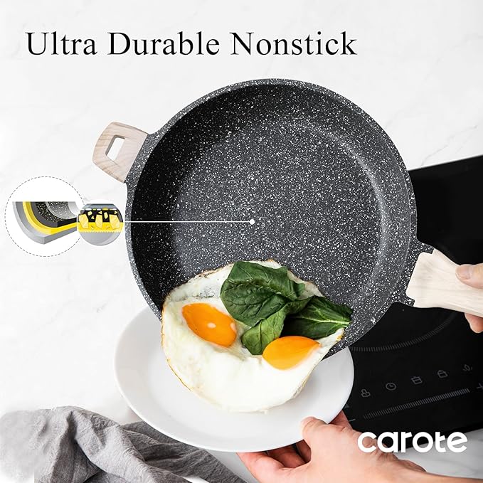 CAROTE 12.5 inch Nonstick Frying Pan Skillet,Non Stick Granite Fry Pan Egg Pan Omelet Pans, Stone Cookware Chef's Pan, PFOA Free,Induction Compatible