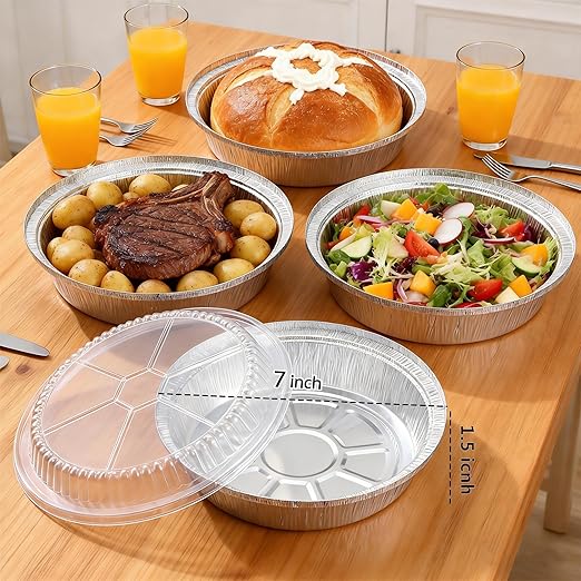 7 Inch Round Aluminum Foil Pans with Clear Lids（50 Pack）Disposable Round Foil Pans,Aluminum Pie Tins,Pie Pans Take-Out Containers for Storing, Baking, Meal Prep & Reheating | Freezer & Oven Safe