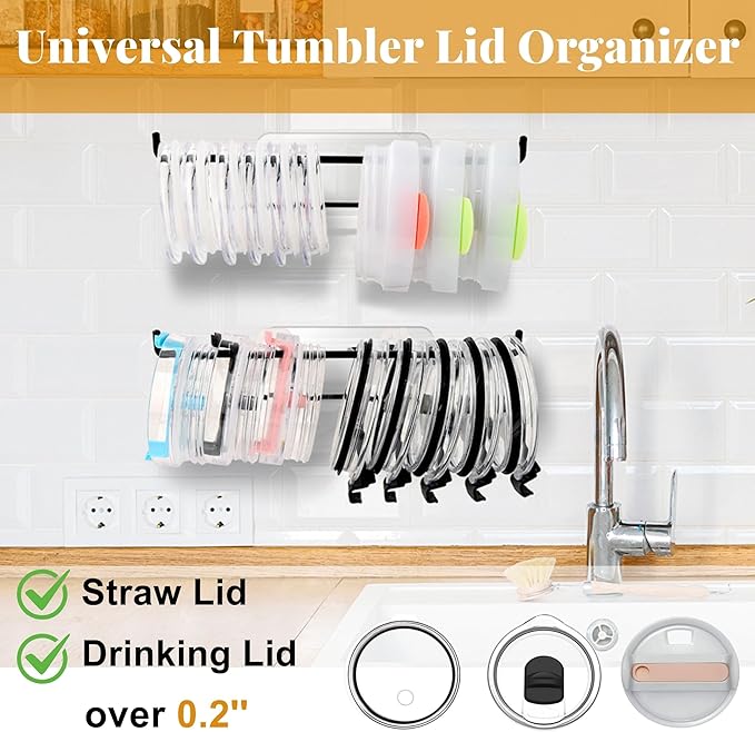2 Pack Tumbler Lid Organizer, Over Cabinet Door Cup Lid Organizer, Self-Adhesive Tumbler Lid Hook, Tumbler Lid Holder for Kitchen Organizers and Storage
