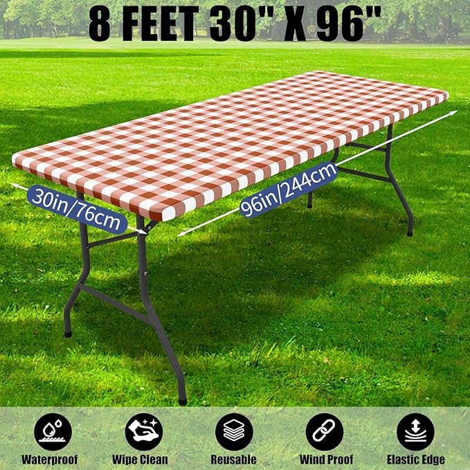 Smiry Picnic Table Cloth 2 Pack, Waterproof Elastic Fitted Tablecloths for 8FT Rectangle Tables, Washable Polyester Buffalo Plaid Tablecloth for Camping, Dining & Outdoor (Rust & White, 30" x 96")
