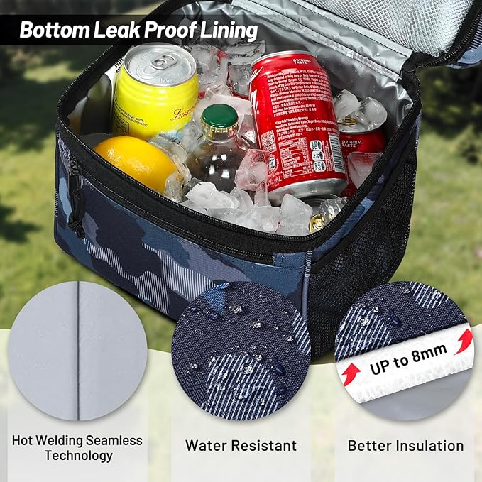 MIER Insulated Lunch Box Dual Compartment Lunch Bag Leakproof Cooler for Men Women Adult Work, Camo, Medium (Upgraded Extra-Tall Bottom Layer)