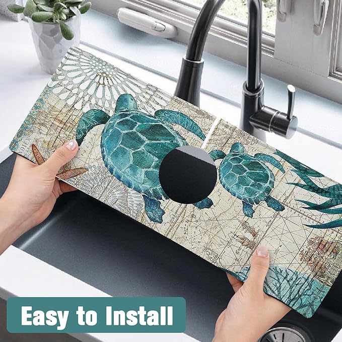 2 Pack Kitchen Sink Splash Guard Faucet Mat 15" X 5.5" Sea Turtle Absorbent Fast Drying Mat Faucet Draining Mat Sink Splash Guard Behind Faucet Drip Catcher for Kitchen Bathroom