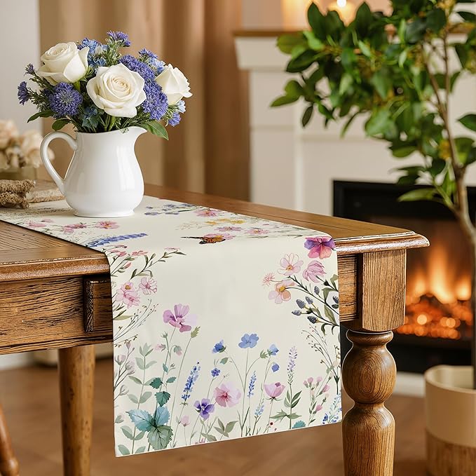 OHOME Summer Decorations - Daisy Eucalyptus Lavender Floral Leaves Summer Table Runner - Spring Decorations for Home Indoor Outdoor | Summer Tablecloth Party Favors Supplies for Table Decor Banner