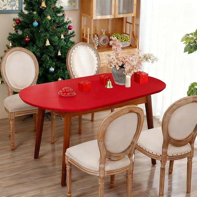 NEWISHER Fitted Oval Tablecloth 48 x 68 Inch Elastic Table Cloth, Stretch Spandex Table Cover Red Washable Polyester Top Cap Cover for Dining Picnic Camping Indoor and Outdoor