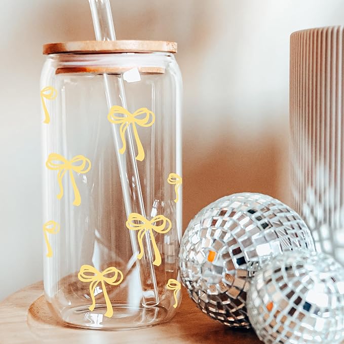 Coquette Cute Pastel Yellow Bow Summer Glass Cups with Lids and Straws, Aesthetic Iced Coffee Cup Girly Preppy Tumbler Mug, Christmas Valentines Birthday Gifts for Women, Teen Girl Gifts Trendy Stuff
