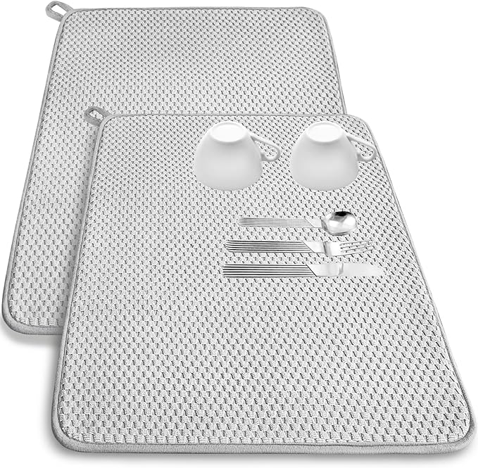 2 Pack Microfiber Dish Drying Mat,24x17" Large Size Highly Absorbent Dish Drainer Mat,Kitchen Counter Quick Dry Pads for Under Sink,Coffee Rack(Gray)