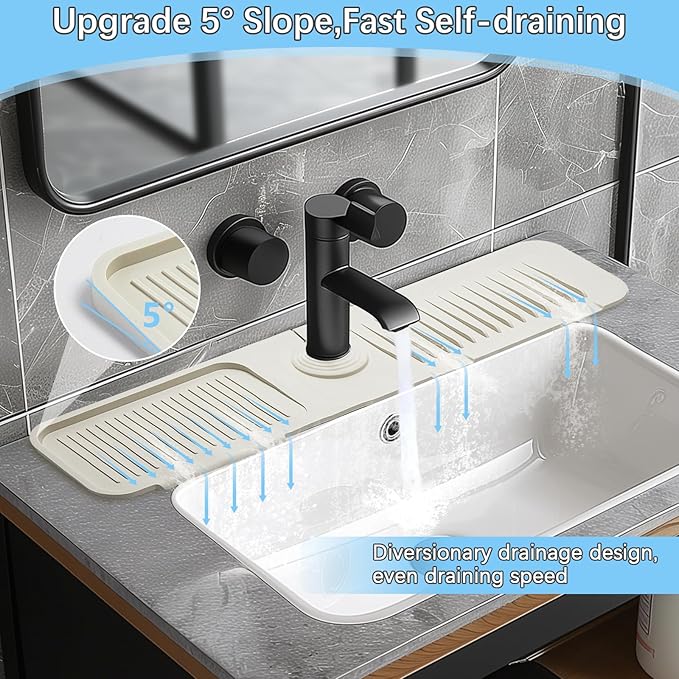 Silicone Sink Splash Guard Mat with Slanted Design,24*5.5 Inch Large Non-Slip Base,Multi-Surface Protector for Kitchen,Bathroom,Laundry,RV,Easy Clean Water Deflector Accessory(milky white)