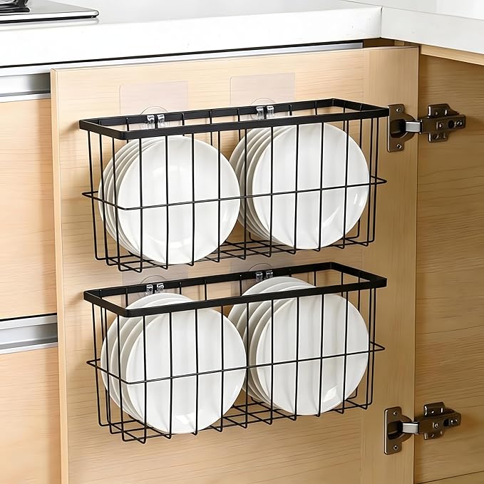 FAMNONE 2 Pack Adhesive Cabinet Door Organizer – 5.9” Deep Lid Organizer for Cabinet, No Drill Wall Mounted Storage Box for Pantry Door, Kitchen & Bathroom Space Saving Organizer