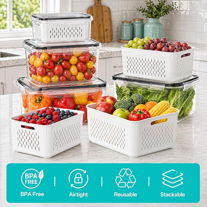 HOMETALL 4 Pack Fruit Storage Containers for Fridge Set, Produce Containers for Fridge with Strainer, Plastic Reusable Fridge Organizers and Storage for Berry Salad Lettuce, Size 3.4, 1.8, 0.9, 0.4QT
