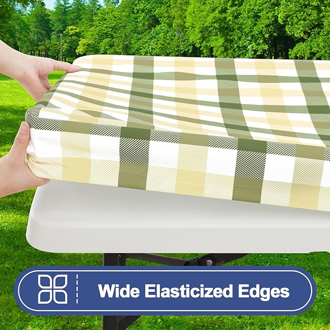 Smiry Picnic Table Cloth 2 Pack, Waterproof Elastic Fitted Tablecloths for 6FT Rectangle Tables, Washable Polyester Buffalo Plaid Tablecloth for Easter & Outdoor (Sage Green & Beige, 30" x 72")