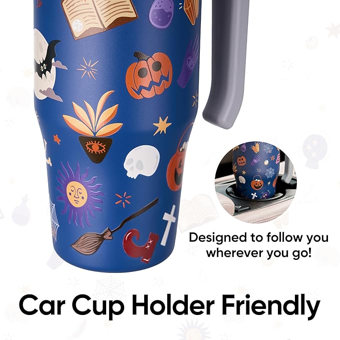 Fijinhom 25 oz Insulated Tumbler with Handle, Stainless Steel Insulated Water Bottle Coffee Mug with Straw, Coffee Cups, Cute Water Bottle for Sports, Travel, Lunch, Ghostly Cuties