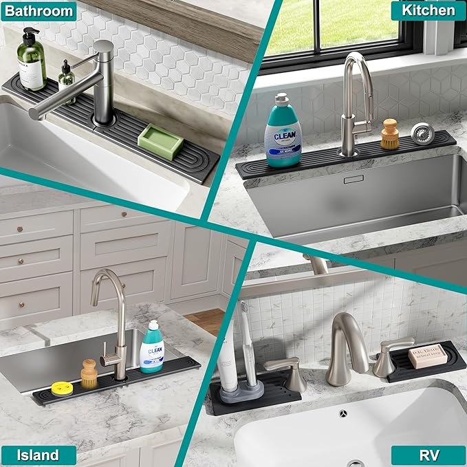 Stone Faucet Mat for Kitchen Sink - Quick Dry Diatomite Sink Splash Guard, Prevents Moisture Buildup & Water Stains, Water Absorbing Stone Tray for Bathroom Countertop (Dark Gray, 30" x 4")