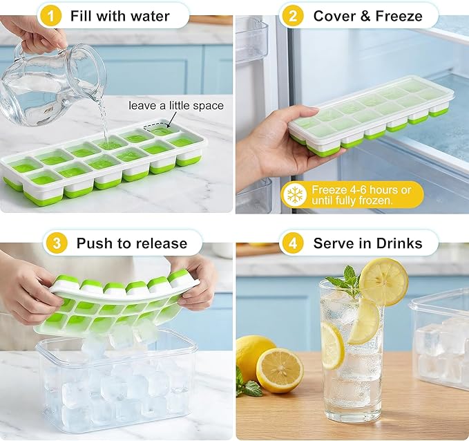 NFK Ice Cube Tray with Lid & Bin - 4 Pack 48 Cubes Stackable Silicone Trays for Freezer with Storage Container, Leak-Proof Lids, BPA-Free, Easy Release for Kitchen, RV, Party, Cocktail & Coffee