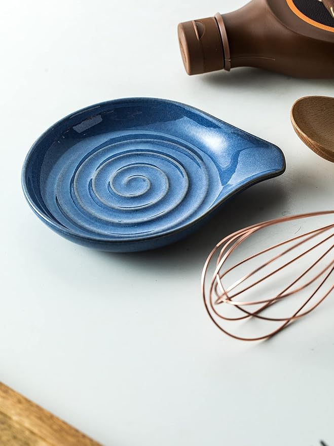 Spoon Rest, Large Ceramic Spoon Holder for Stove Top, Heat-Resistant Cooking Spoon Rest for Kitchen Counter Decor, 5 Inches, Blue
