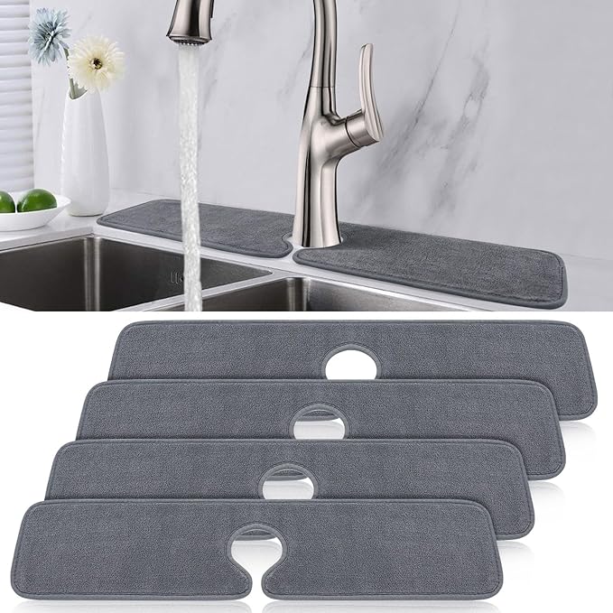 PoYang 4 Pack Faucet Mat for Kitchen Sink Splash Guard Long: Super Absorbent Microfiber Sink Water Splash Guard Behind Kitchen Faucet Mat for Bathroom, RV Protector, Machine Washable 24'' x 5.1''