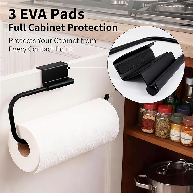 Over Cabinet Door Paper Towel Holder for Kitchen Cabinet Stainless Steel, Under Sink No Drilling Roll Dispenser for RV, Black