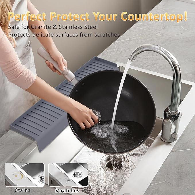 Sink Edge Protector with Suction Cup 4"x30" 20" 14" Silicone Sink Splash Guard for Kitchen & Bathroom, Protect Countertop from Scratches, Stains, for Stainless Steel Granite Quartz-Grey