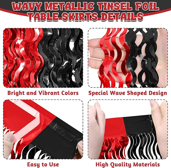 2 Pack 2026 Graduation Party Decorations Desk Skirt, Red Black Desk Grass Skirt for Table, Grad Metallic Wavy Tinsel Foil Fringe Table Skirts, Foil Table Skirt for Birthday Party Class of 2026 Decor