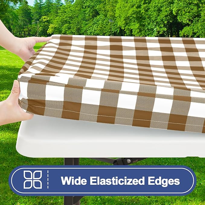 Smiry Picnic Table Cloth 2 Pack, Waterproof Elastic Fitted Tablecloths for 8FT Rectangle Tables, Washable Polyester Buffalo Plaid Tablecloth for Camping, Dining & Outdoor (Brown & White, 30" x 96")
