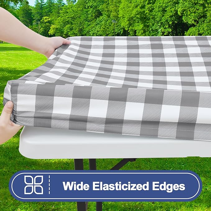 Smiry Picnic Table Cloth 2 Pack, Waterproof Elastic Fitted Tablecloths for 5FT Rectangle Tables, Washable Polyester Buffalo Plaid Tablecloth for Camping, Dining & Outdoor (Grey & White, 30" x 60")