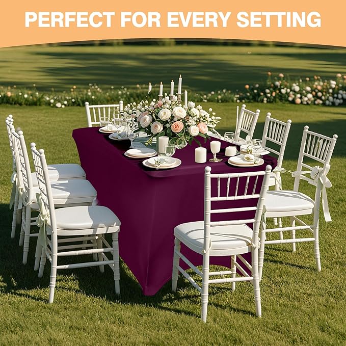 2 Pack 6 Feet Burgundy Spandex Tablecloth for Rectangular Tables, Fitted & Stretch, Washable, Wrinkle Resistant, Perfect for Event, Wedding, Party, Banquet, Cocktail, Festival, and Table Protector