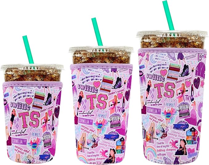 YR Reusable Neoprene Insulator Sleeve for Iced Coffee Cups, 3 Pack Coffee Coolies sleeves for Iced & Hot Drinks, Cold Beverage Cooler Compatible with Starbucks Coffee and More (Purple)
