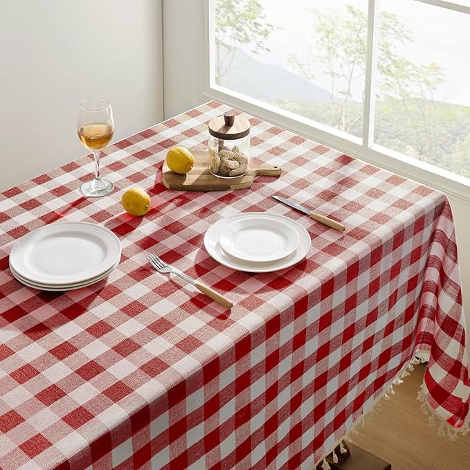 Softalker Checkered Tablecloth Rectangle, Outdoor Linen Cotton Gingham Table Cloth with Tassel, Heavy Duty Wrinkle Free Buffalo Plaid Table Cover for Kitchen Dining Summer Party - 55 x 70 Inch, Red