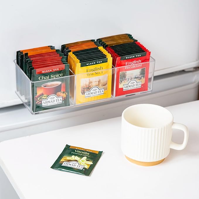 Magnetic Tea Bag Organizer Holds up to 60 Tea Bags, Tea Organizer with 3 Compartments, Extra Strong Magnetic Fridge Tea Box Strong Tea bag Holder for Refrigerator (Acrylic, Magnet)