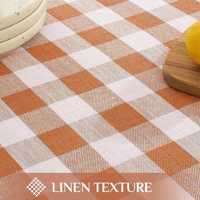 Softalker Fall Checkered Tablecloth Rectangle, Heavy Weight Linen Cotton Gingham Thanksgiving Orange Table Cloth with Tassel, Wrinkle Free Buffalo Plaid Table Cover for Dining Party- 55 x 70 Inch