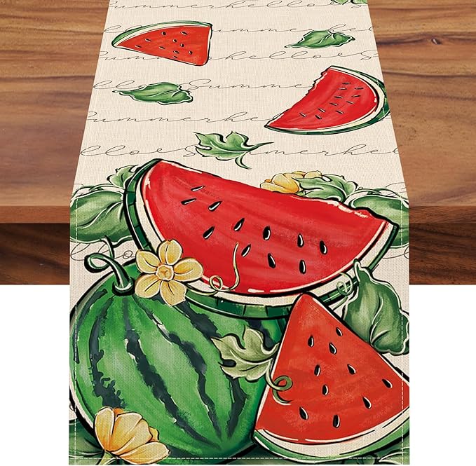 Seliem Hello Summer Watermelon Table Runner, Tropical Fruit Kitchen Dining Table Decor, Seasonal Burlap Home Decoration Indoor Outdoor Party Supply 13 x 72 Inch