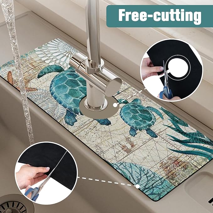 2 Pack Kitchen Sink Splash Guard Faucet Mat 24" X 5.5" Sea Turtle Absorbent Fast Drying Mat Faucet Draining Mat Sink Splash Guard Behind Faucet Drip Catcher for Kitchen Bathroom