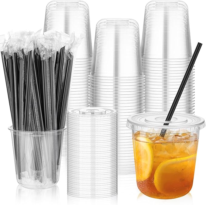 tchrules 100 Set 12oz Plastic Cups with Lids and Straws, Disposable Clear Iced Coffee Cup with Lid, Round Bottom Plastic To Go Cups for Cold Drinks Slushie Smoothie Lemonade Party Picnic Shop Supplies