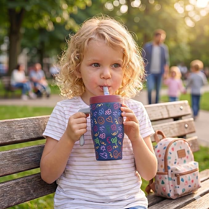 Fijinhom 18 oz Toddler Tumbler with Handle, Stainless Steel Insulated Water Bottle Coffee Mug with Straw, Toddler Cups, Kids Water Bottle for School, Sports, Travel, Doodle Joy