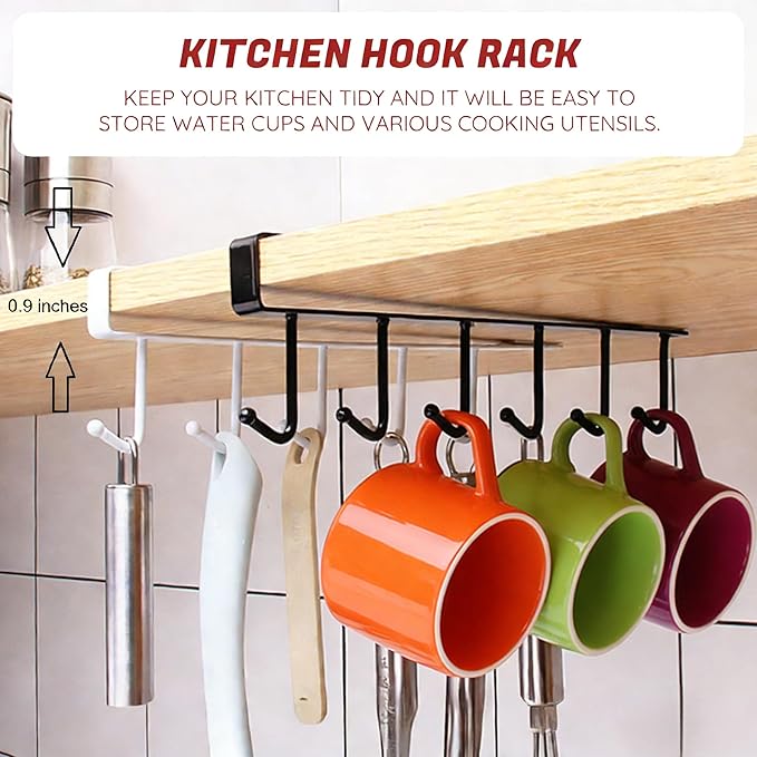 Adhesive Mug Holder Under Cabinet No Drilling Clip-On Utensil Holder for Kitchen Counter & Cooking Utensil Holder with 6 Kitchen Hooks Space Saving for Coffee Cup Spatula Measuring Cup
