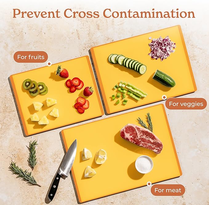 SMIRLY Plastic Cutting Board Set with Holder 3 Pieces, Non-Slip Dishwasher Safe Chopping Boards for Kitchen, Yellow