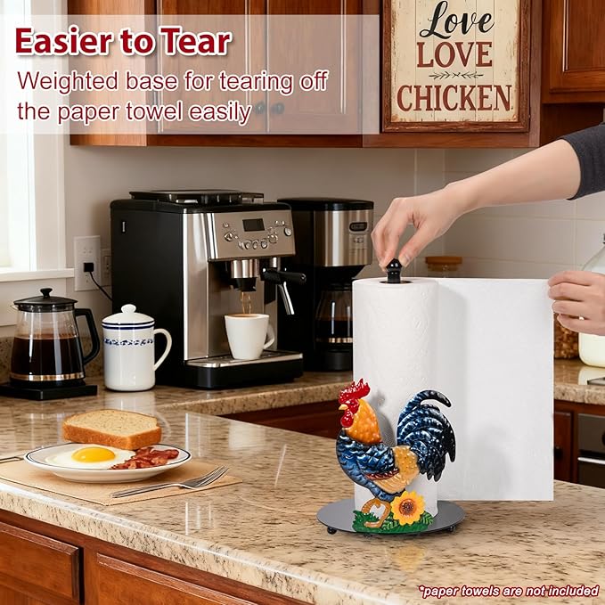 Rooster Paper Towel Holder Countertop - Sunflower & Chicken Farmhouse Kitchen Decor and Accessories, Rustic Housewarming Gift for Rooster & Farmhouse Enthusiasts, Weighted Base