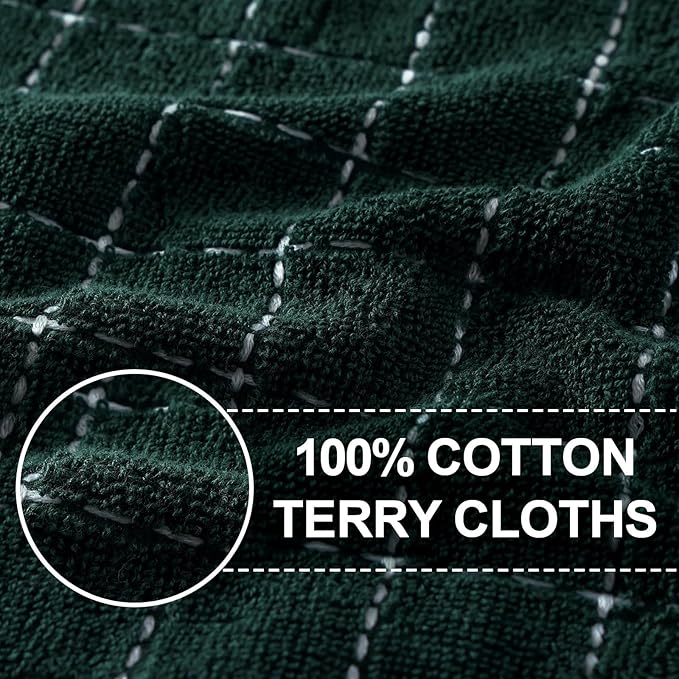 Homaxy 100% Cotton Terry Kitchen Towels(Blackish Green, 13 x 28 inches), Checkered Designed, Soft and Super Absorbent Dish Towels, 4 Pack