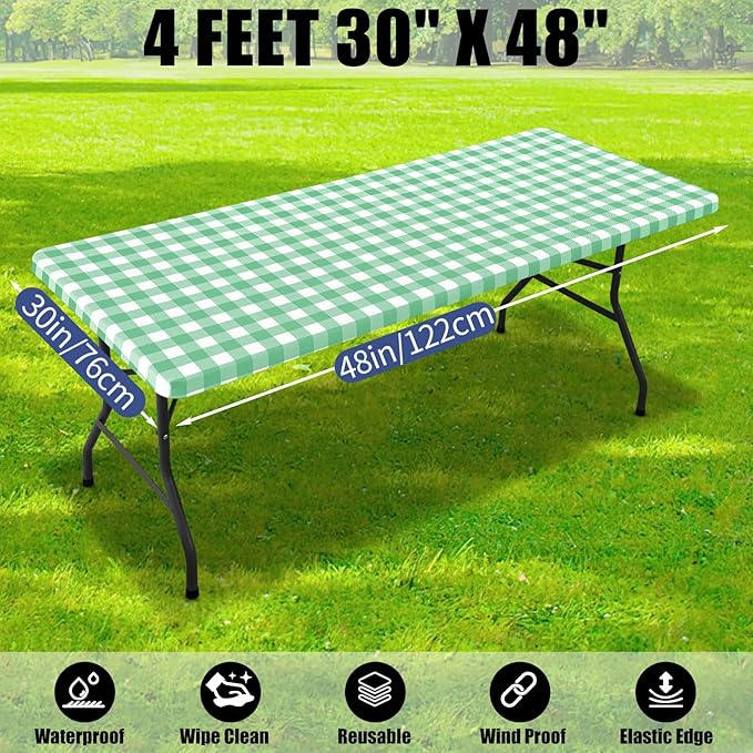 Smiry Picnic Table Cloth 2 Pack, Waterproof Elastic Fitted Tablecloths for 4FT Rectangle Tables, Washable Polyester Buffalo Plaid Tablecloth for Camping & Outdoor (Sage Green & White, 30" x 48")