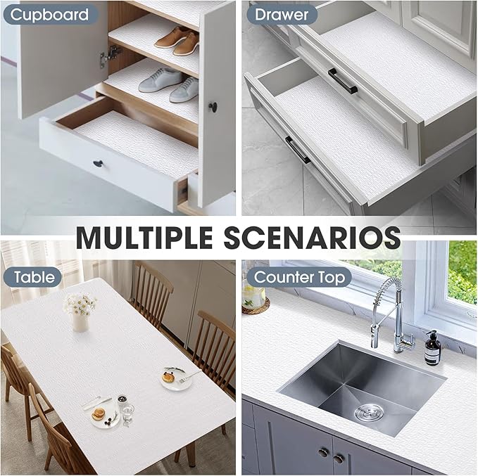 Drawer and Shelf Liner, Non-Slip Kitchen Cabinet Liners Non-Adhesive Thick Strong Grip Waterproof Washable Mats Protect Dresser Shelves Cupboard Bathroom Cabinets, White, 18 in X 30 FT