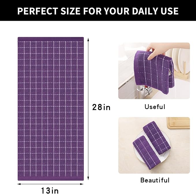 Homaxy 100% Cotton Terry Kitchen Towels(Purple, 13 x 28 inches), Checkered Designed, Soft and Super Absorbent Dish Towels, 5 Pack