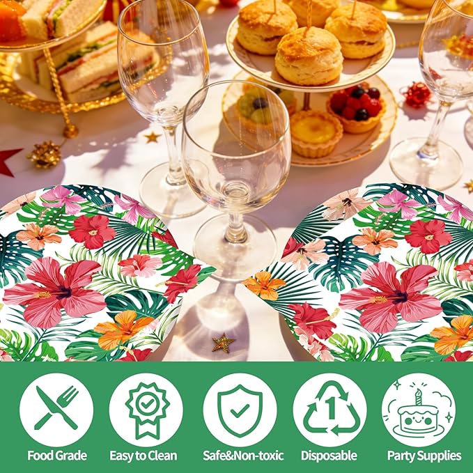 50PCS Hawaiian Luau Paper Plates and Napkins Party Decorations, 7inch Disposable Tropical Dessert Plates Summer Napkins Palm Leaves Hibiscus Tableware Set Aloha Party Supplies for Hawaii Summer