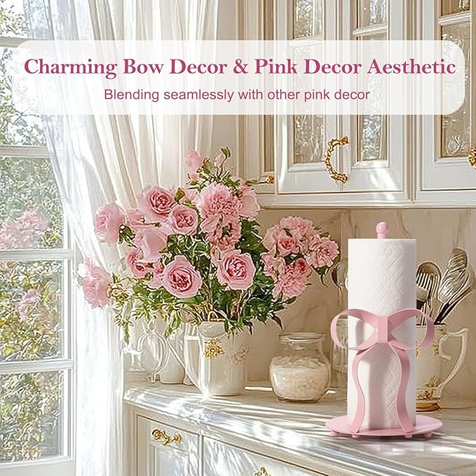 Pink Bow Paper Towel Holder Coutertop - Bow Accent Paper Towel Holder, Pink Kitchen Decor and Accessories, Coquette Room Decor Girly Gifts for Women, 3D Handmade Pattern, Weighted Base