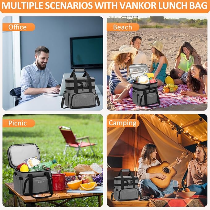 Vankor Lunch Box for Men Women, Large Double Layer Insulated Lunch Bag Tote Expandable Leakproof Waterproof Cooler Bag with Adjustable Shoulder Strap for Work Office Picnic Travel, Grey
