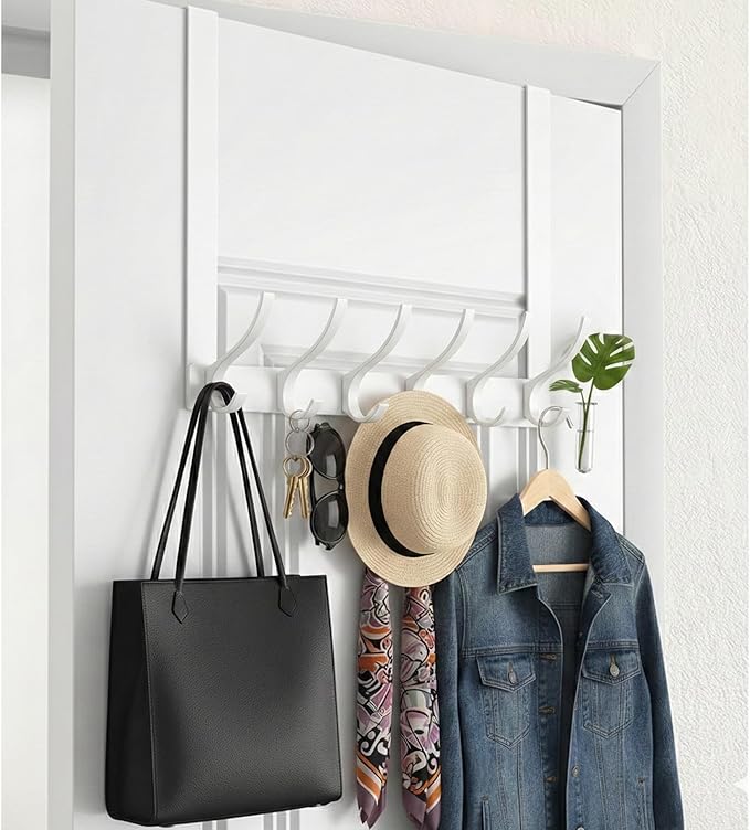 2 Pack Large Over The Door Hooks, Sturdy Door Hanger with 12 Hooks, Door Towel Rack for Bathroom, Bedroom, Kitchen, Coat Rack for Hanging, Easy to Install (White)