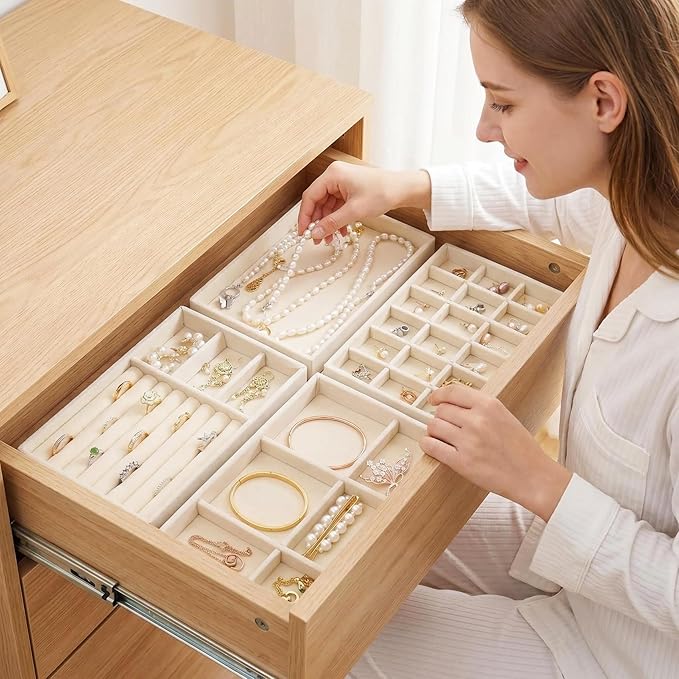 Velvet Jewelry Organizer for Drawer, Stackable Jewelry Drawer Inserts in Dresser, 8in Beige Storage Display Case for Rings Stud Necklaces Accessories, Set of 8
